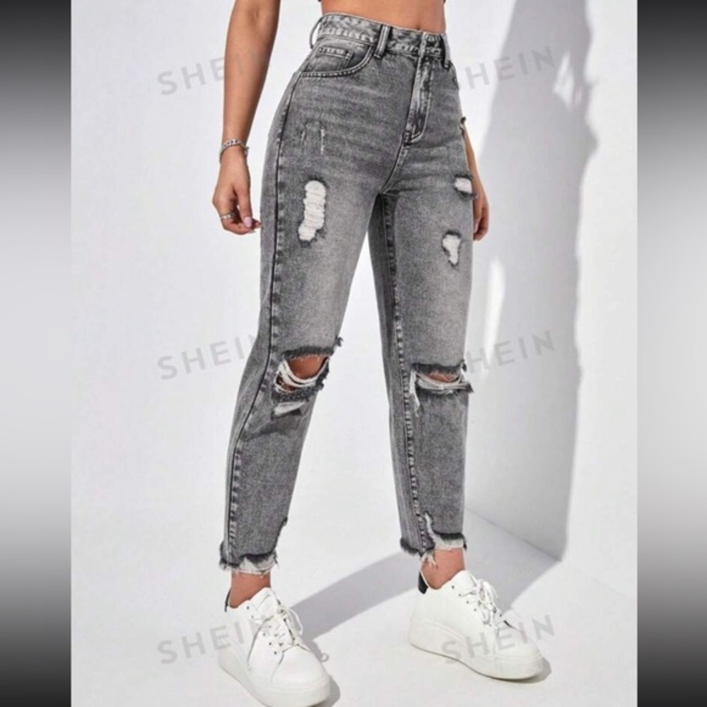 SHEIN EZwear Women's High Waisted Ripped Mom Jeans Gray Raw Hem Size Large